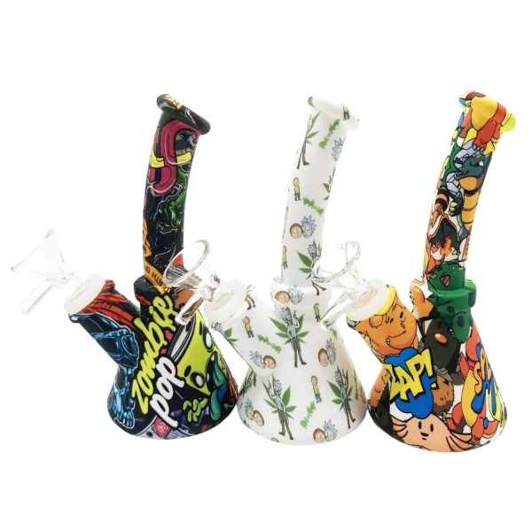 Silicone Waterpipe With Water Transfer Printing With Silicone Downstem And GOG... 6" Assorted Color