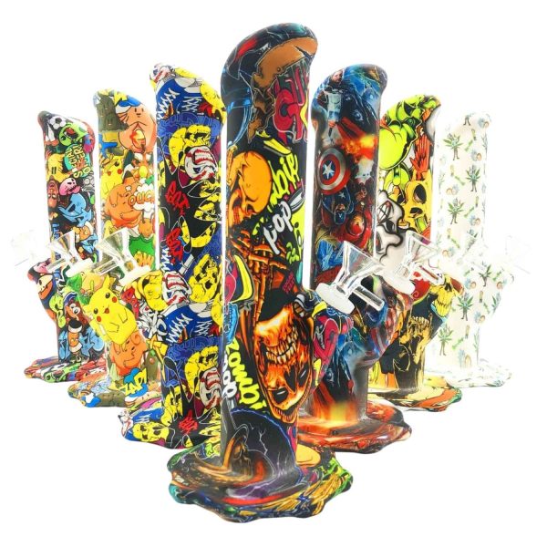 Silicone Waterpipe With Decal Design On The Body, With Silicone Downstem And GOG Bowl 10"